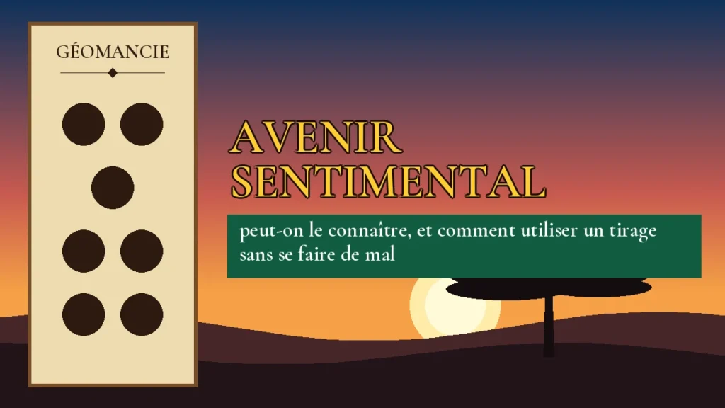 Affiche de l'article Avenir sentimental, figure de géomancie sur parchemin et coucher de soleil africain