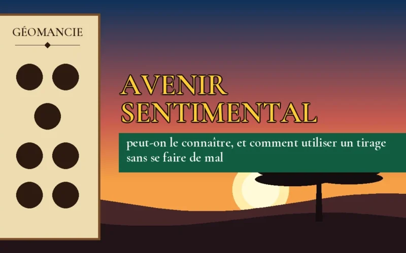 Affiche de l'article Avenir sentimental, figure de géomancie sur parchemin et coucher de soleil africain