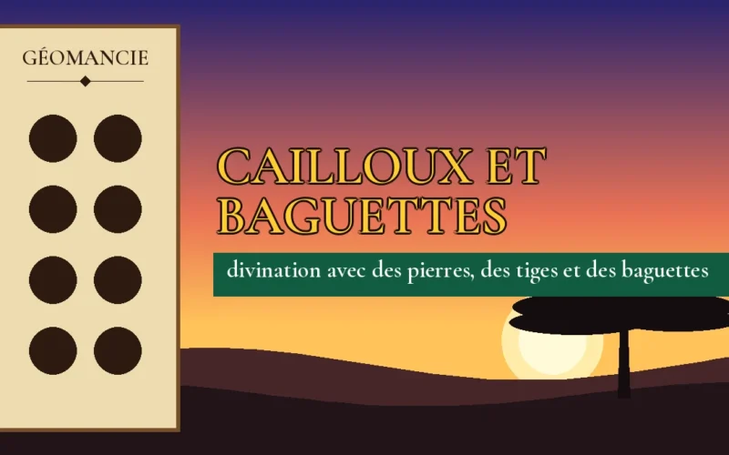 Affiche de l'article Cailloux et baguettes, figure de géomancie sur parchemin et coucher de soleil africain