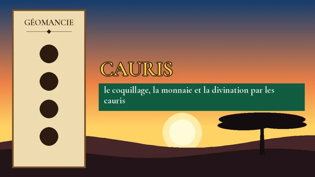 Affiche de l'article Cauris, figure de géomancie sur parchemin et coucher de soleil africain