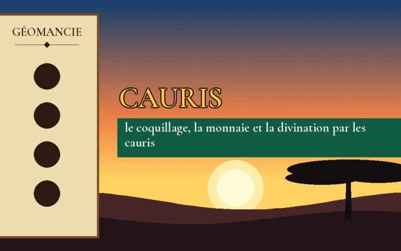 Affiche de l'article Cauris, figure de géomancie sur parchemin et coucher de soleil africain