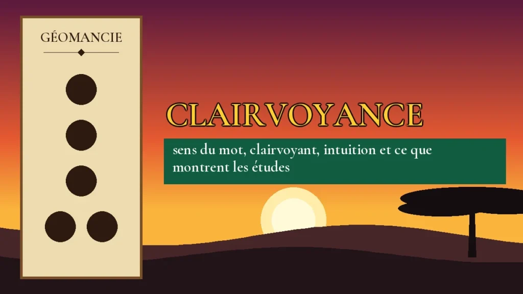 Affiche de l'article Clairvoyance, figure de géomancie sur parchemin et coucher de soleil africain