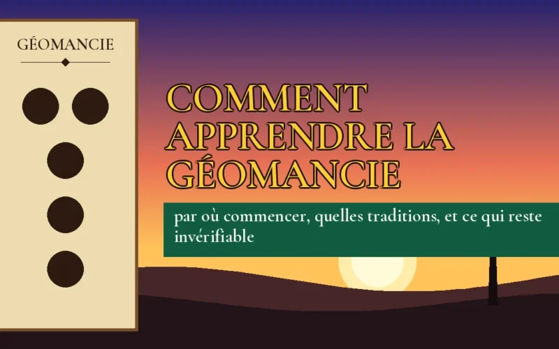 Affiche de l'article Comment apprendre la géomancie, figure de géomancie sur parchemin et coucher de soleil africain