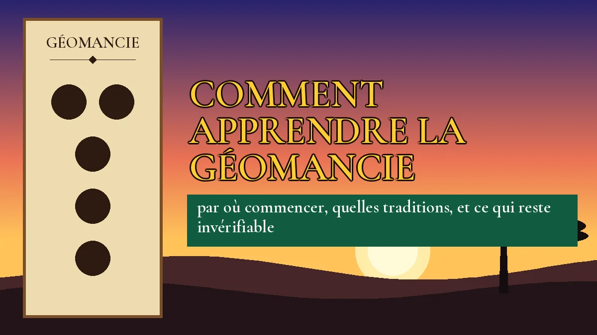 Affiche de l'article Comment apprendre la géomancie, figure de géomancie sur parchemin et coucher de soleil africain