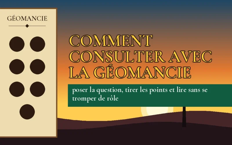 Affiche de l'article Comment consulter avec la géomancie, figure de géomancie sur parchemin et coucher de soleil africain