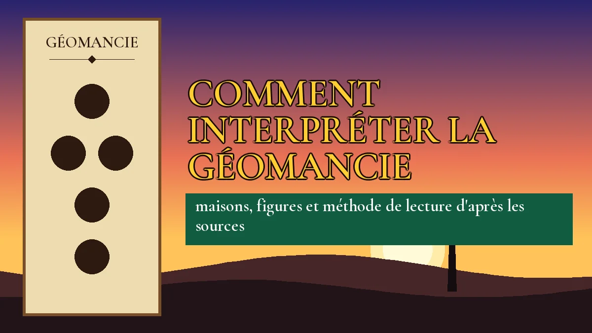 Affiche de l'article Comment interpréter la géomancie, figure de géomancie sur parchemin et coucher de soleil africain