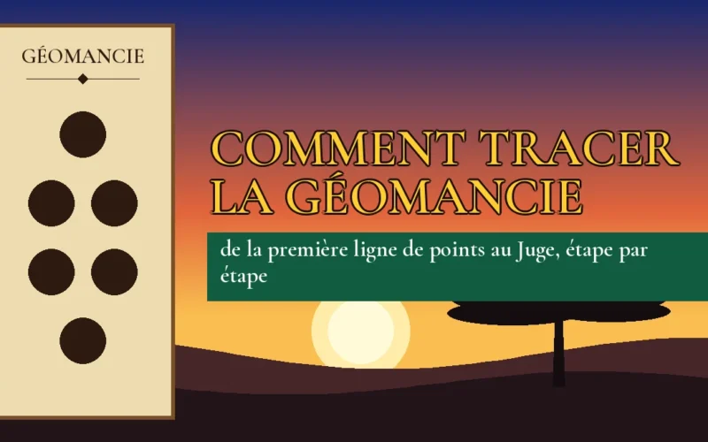 Affiche de l'article Comment tracer la géomancie, figure de géomancie sur parchemin et coucher de soleil africain