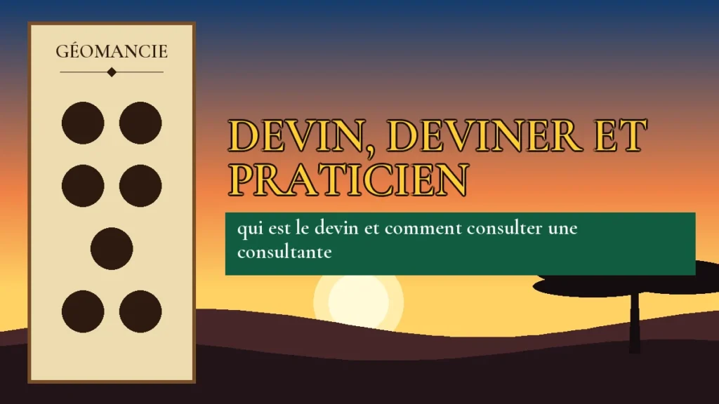 Affiche de l'article Devin, deviner et praticien, figure de géomancie sur parchemin et coucher de soleil africain