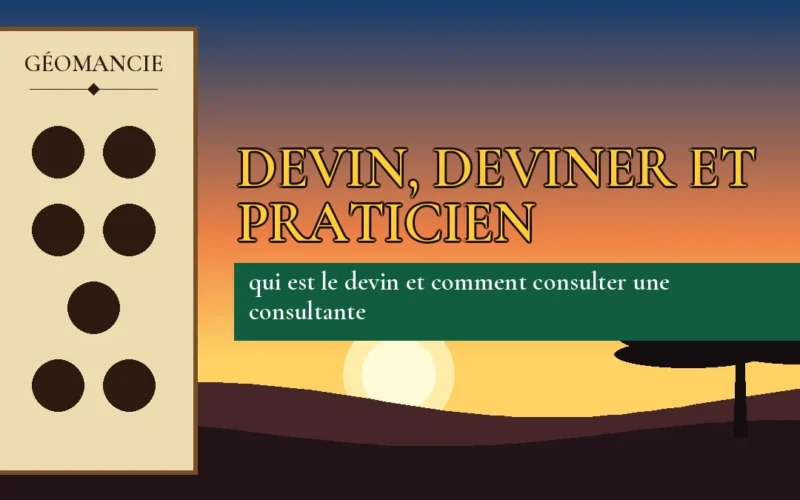 Affiche de l'article Devin, deviner et praticien, figure de géomancie sur parchemin et coucher de soleil africain