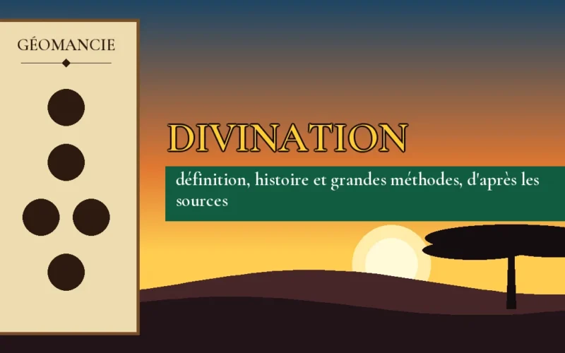 Affiche de l'article Divination, figure de géomancie sur parchemin et coucher de soleil africain