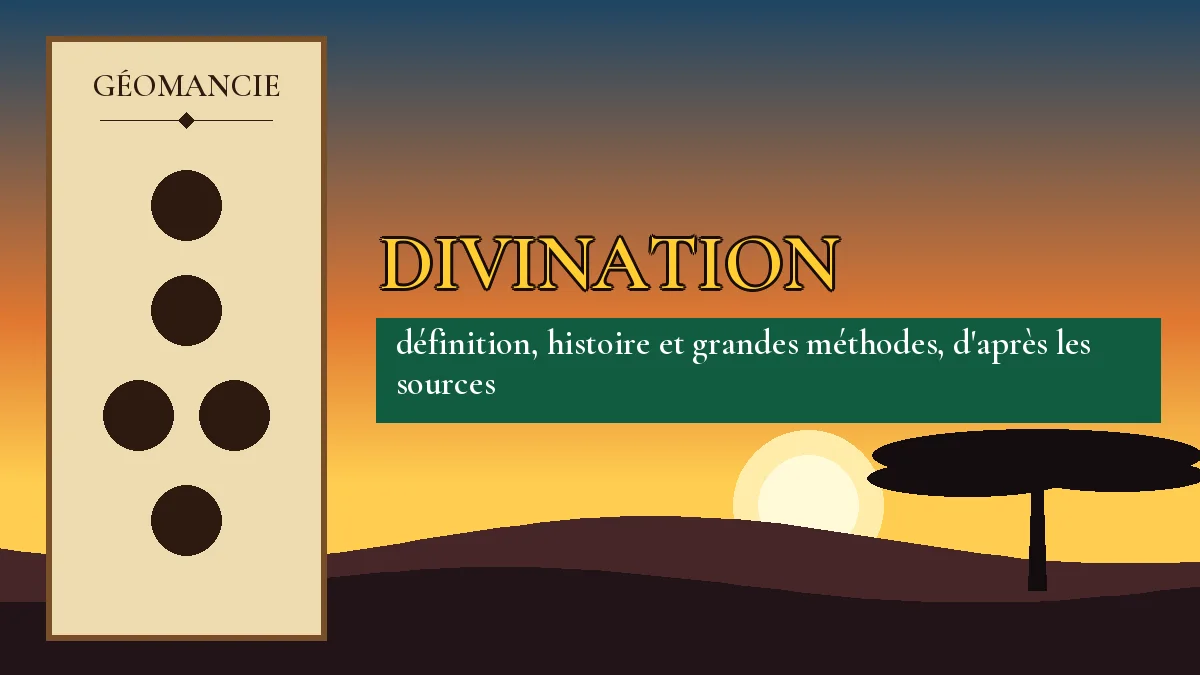 Affiche de l'article Divination, figure de géomancie sur parchemin et coucher de soleil africain