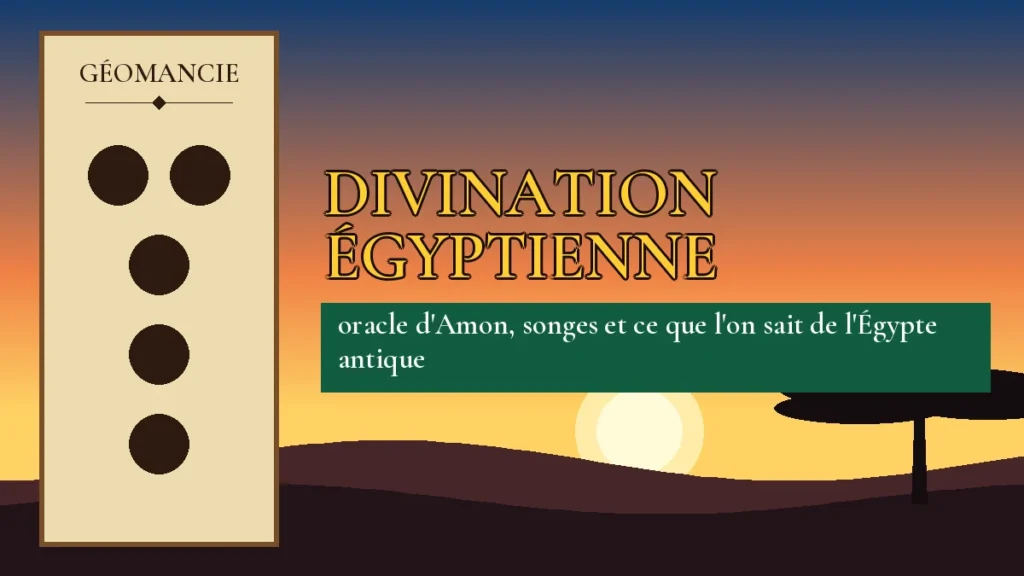 Affiche de l'article Divination égyptienne, figure de géomancie sur parchemin et coucher de soleil africain