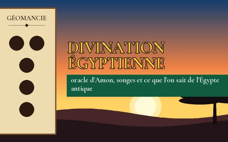 Affiche de l'article Divination égyptienne, figure de géomancie sur parchemin et coucher de soleil africain