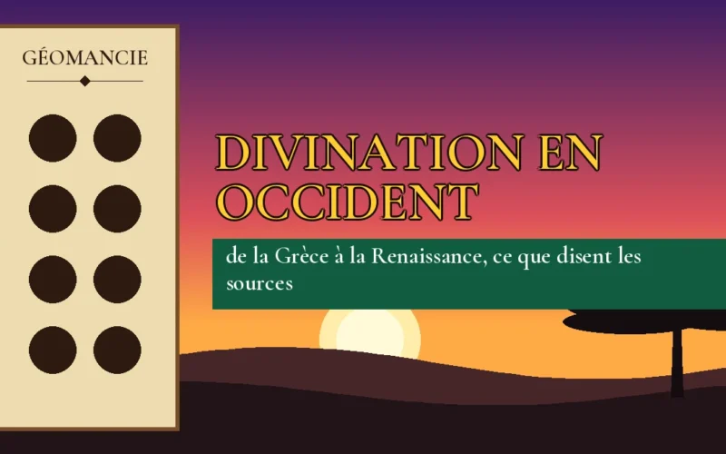 Affiche de l'article Divination en Occident, figure de géomancie sur parchemin et coucher de soleil africain