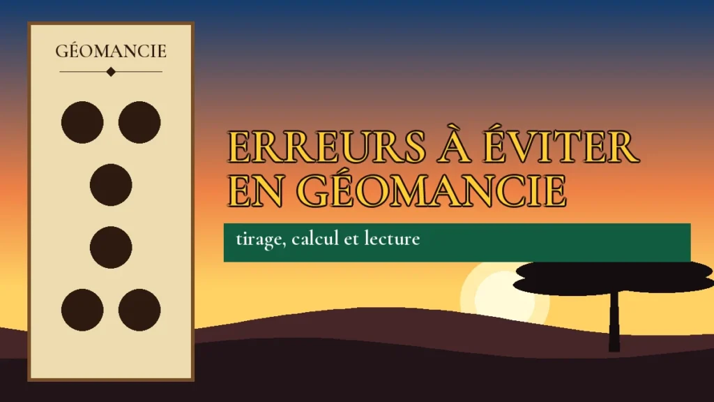 Affiche de l'article Erreurs à éviter en géomancie, figure de géomancie sur parchemin et coucher de soleil africain