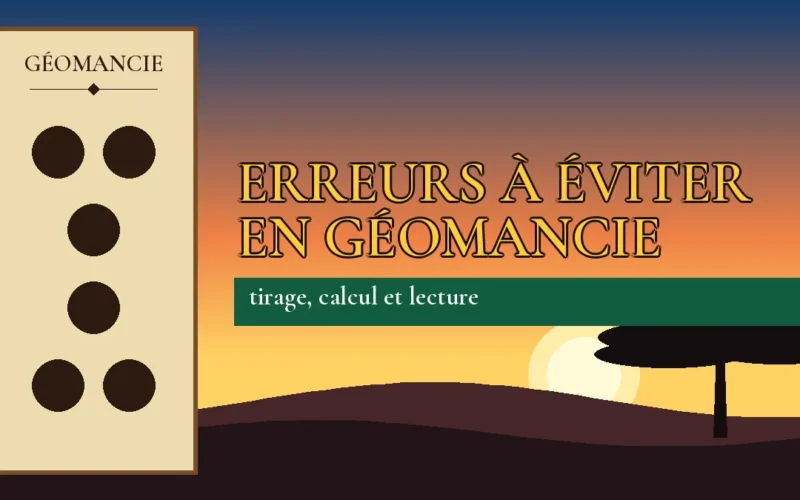 Affiche de l'article Erreurs à éviter en géomancie, figure de géomancie sur parchemin et coucher de soleil africain