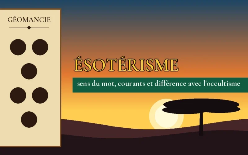 Affiche de l'article Ésotérisme, figure de géomancie sur parchemin et coucher de soleil africain