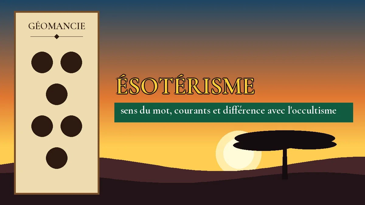 Affiche de l'article Ésotérisme, figure de géomancie sur parchemin et coucher de soleil africain