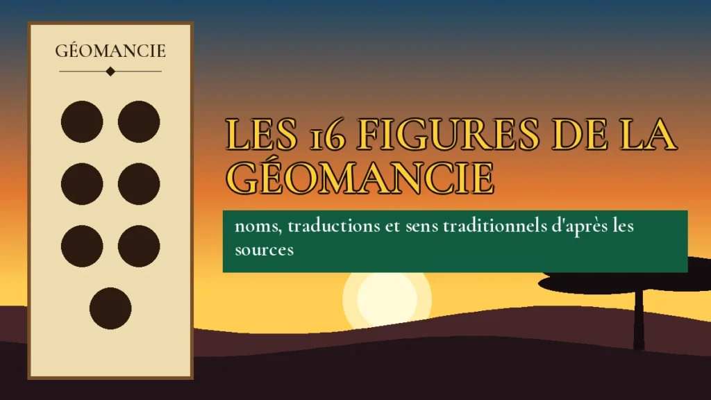 Affiche de l'article Les 16 figures de la géomancie, figure de géomancie sur parchemin et coucher de soleil africain
