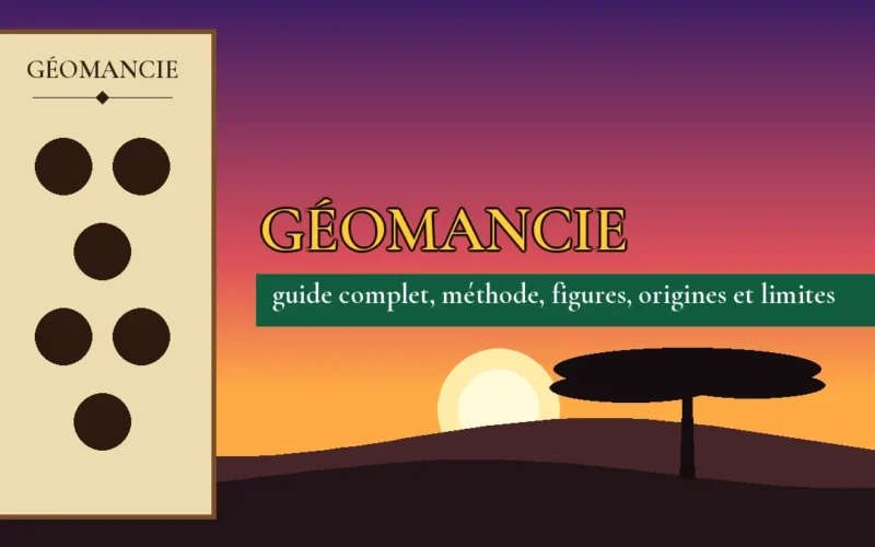 Affiche de l'article Géomancie, figure de géomancie sur parchemin et coucher de soleil africain