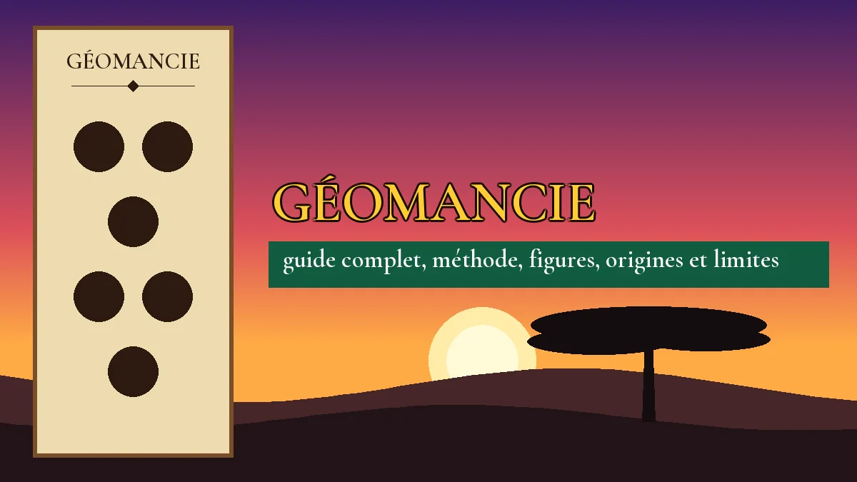 Affiche de l'article Géomancie, figure de géomancie sur parchemin et coucher de soleil africain