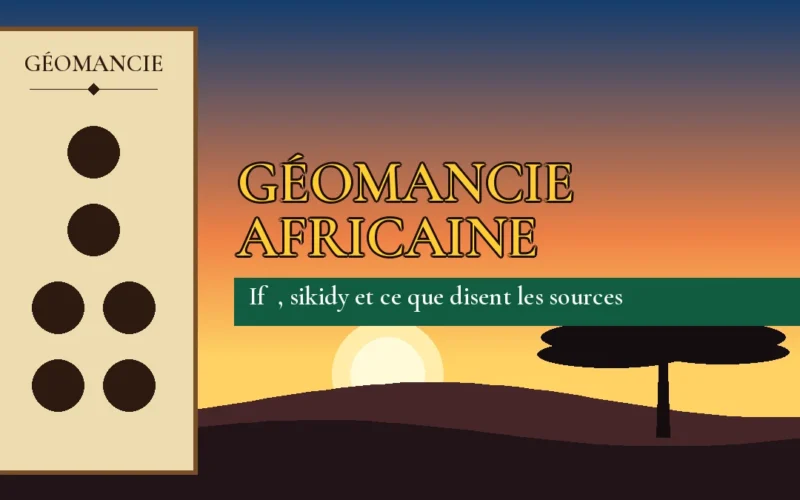Affiche de l'article Géomancie africaine, figure de géomancie sur parchemin et coucher de soleil africain