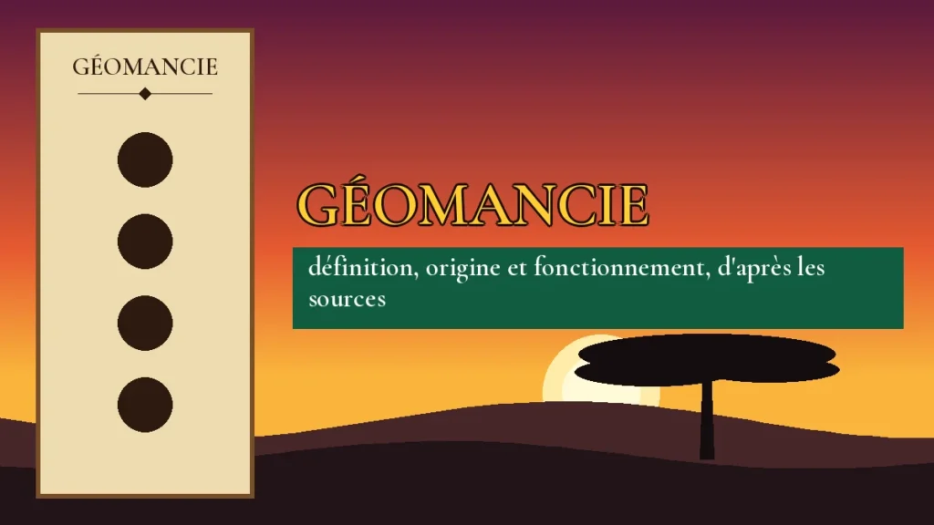 Affiche de l'article Géomancie, figure de géomancie sur parchemin et coucher de soleil africain