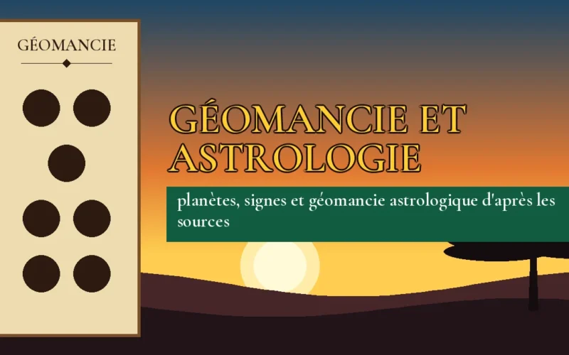 Affiche de l'article Géomancie et astrologie, figure de géomancie sur parchemin et coucher de soleil africain