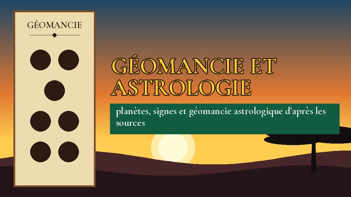Affiche de l'article Géomancie et astrologie, figure de géomancie sur parchemin et coucher de soleil africain