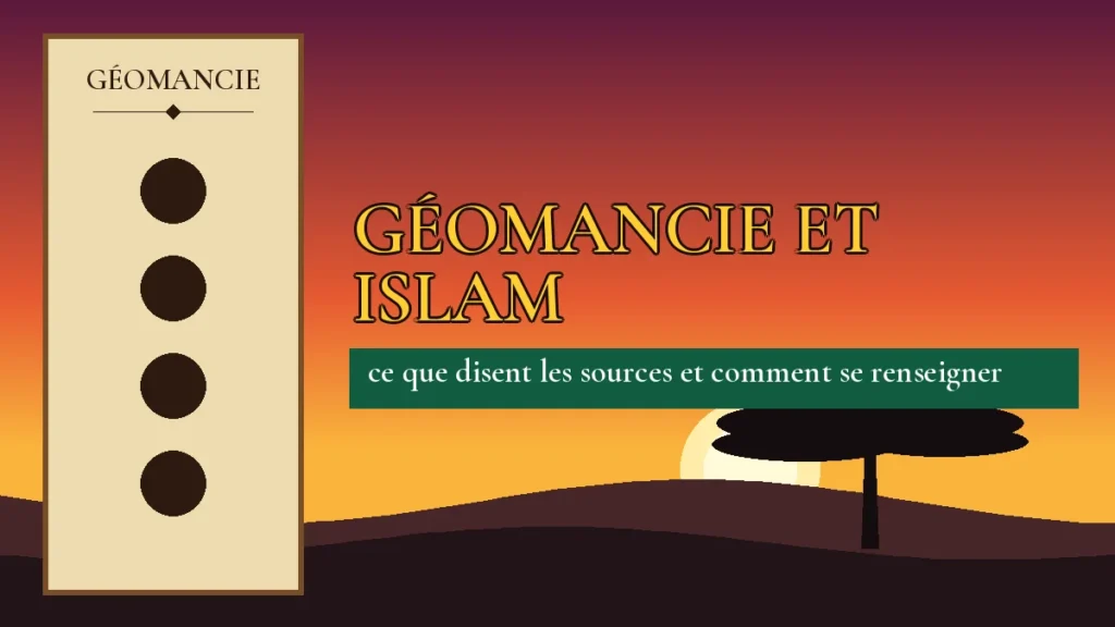 Affiche de l'article Géomancie et islam, figure de géomancie sur parchemin et coucher de soleil africain