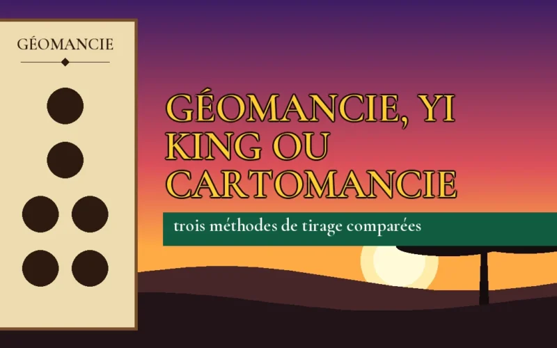 Affiche de l'article Géomancie, Yi King ou cartomancie, figure de géomancie sur parchemin et coucher de soleil africain
