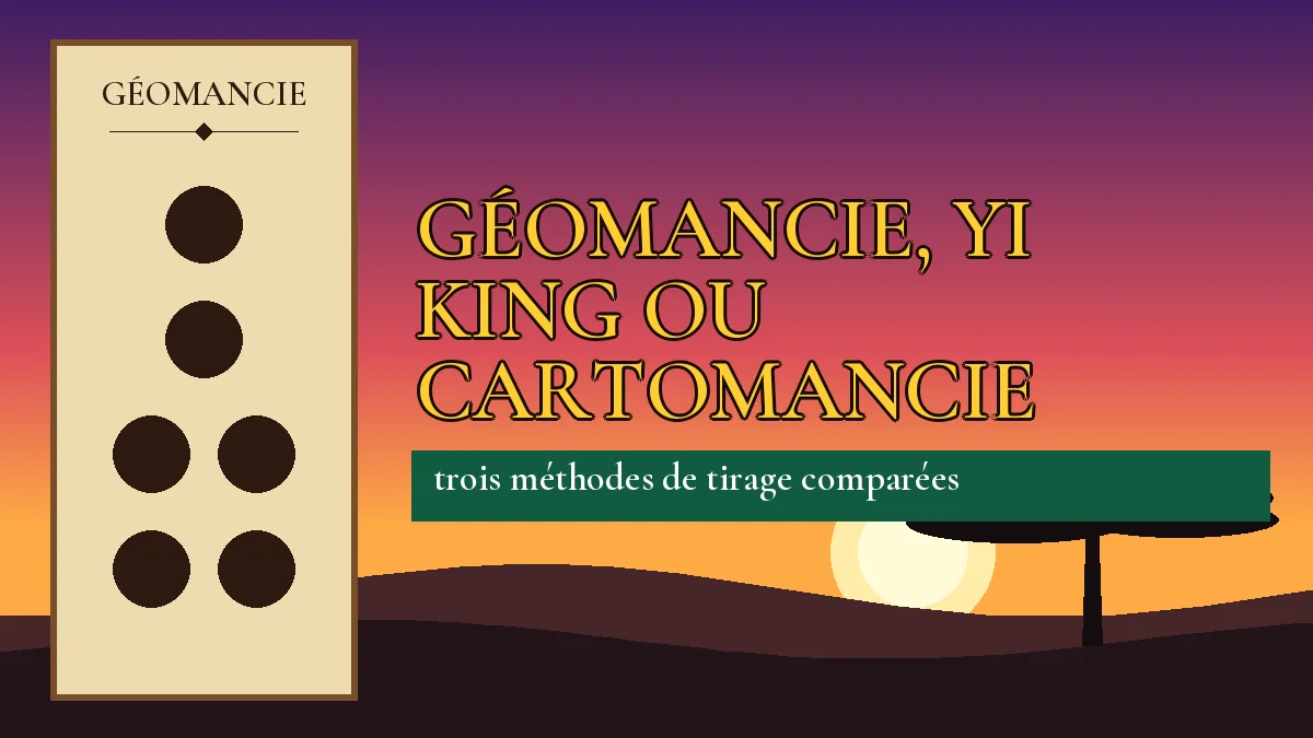Affiche de l'article Géomancie, Yi King ou cartomancie, figure de géomancie sur parchemin et coucher de soleil africain