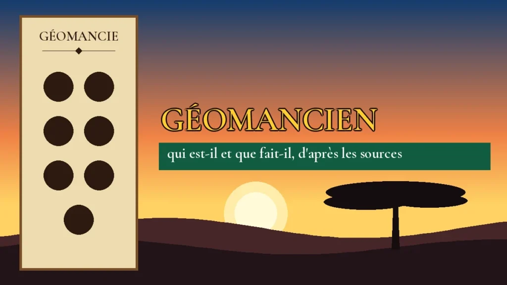 Affiche de l'article Géomancien, figure de géomancie sur parchemin et coucher de soleil africain