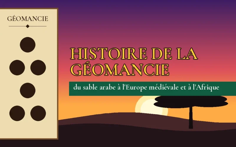 Affiche de l'article Histoire de la géomancie, figure de géomancie sur parchemin et coucher de soleil africain