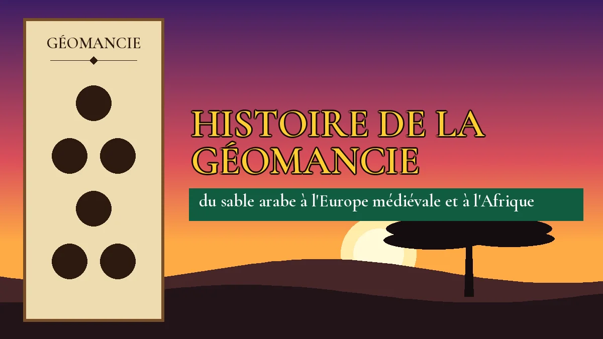 Affiche de l'article Histoire de la géomancie, figure de géomancie sur parchemin et coucher de soleil africain