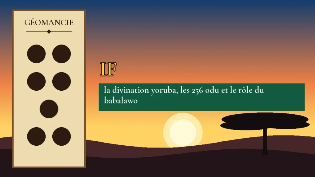 Affiche de l'article Ifá, figure de géomancie sur parchemin et coucher de soleil africain