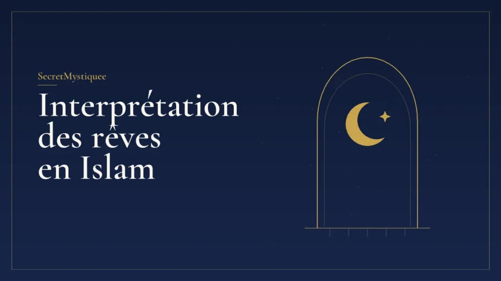 Arc de mihrab doré avec un croissant de lune sur fond bleu nuit, pour l'article interprétation des rêves en Islam
