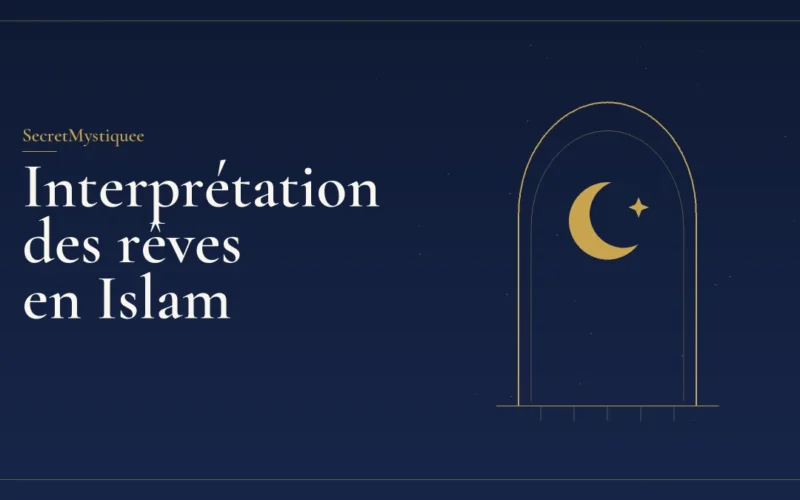 Arc de mihrab doré avec un croissant de lune sur fond bleu nuit, pour l'article interprétation des rêves en Islam