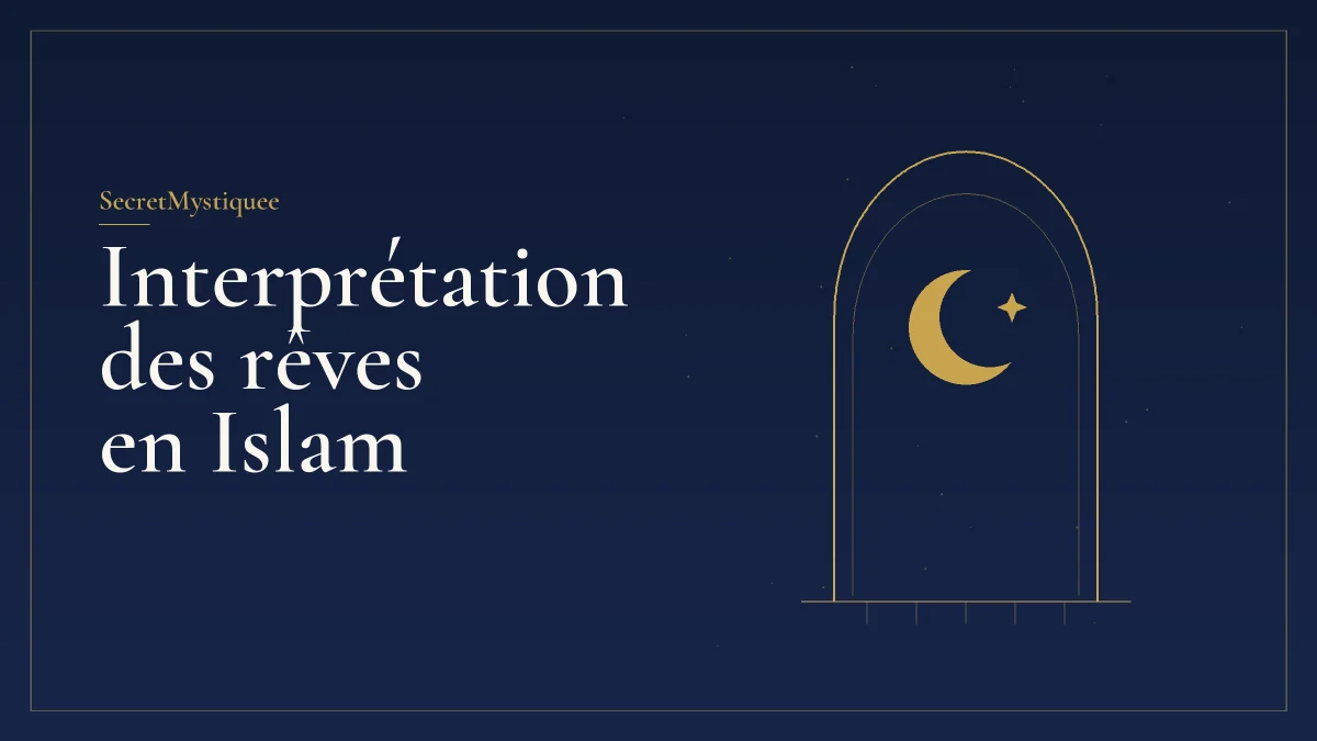 Arc de mihrab doré avec un croissant de lune sur fond bleu nuit, pour l'article interprétation des rêves en Islam