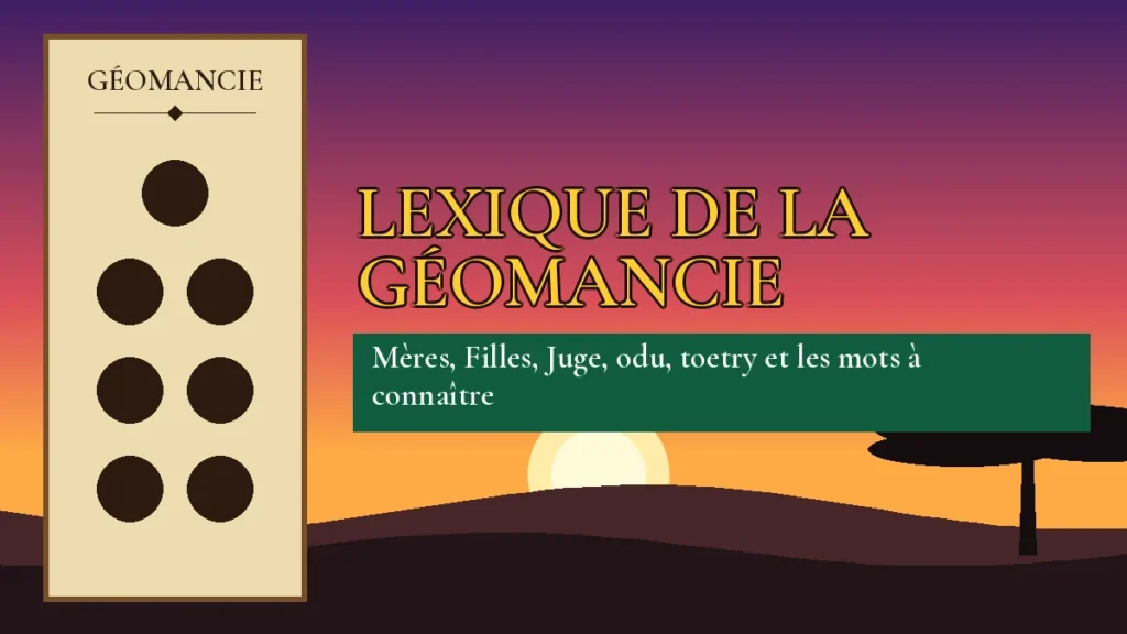 Affiche de l'article Lexique de la géomancie, figure de géomancie sur parchemin et coucher de soleil africain