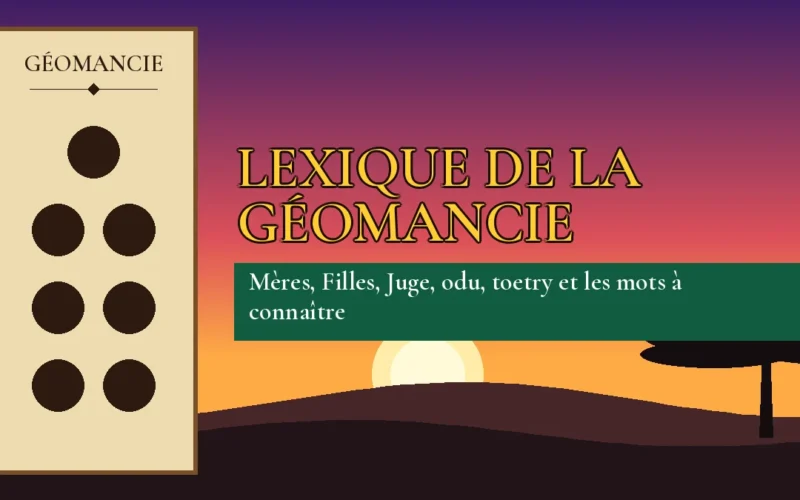 Affiche de l'article Lexique de la géomancie, figure de géomancie sur parchemin et coucher de soleil africain