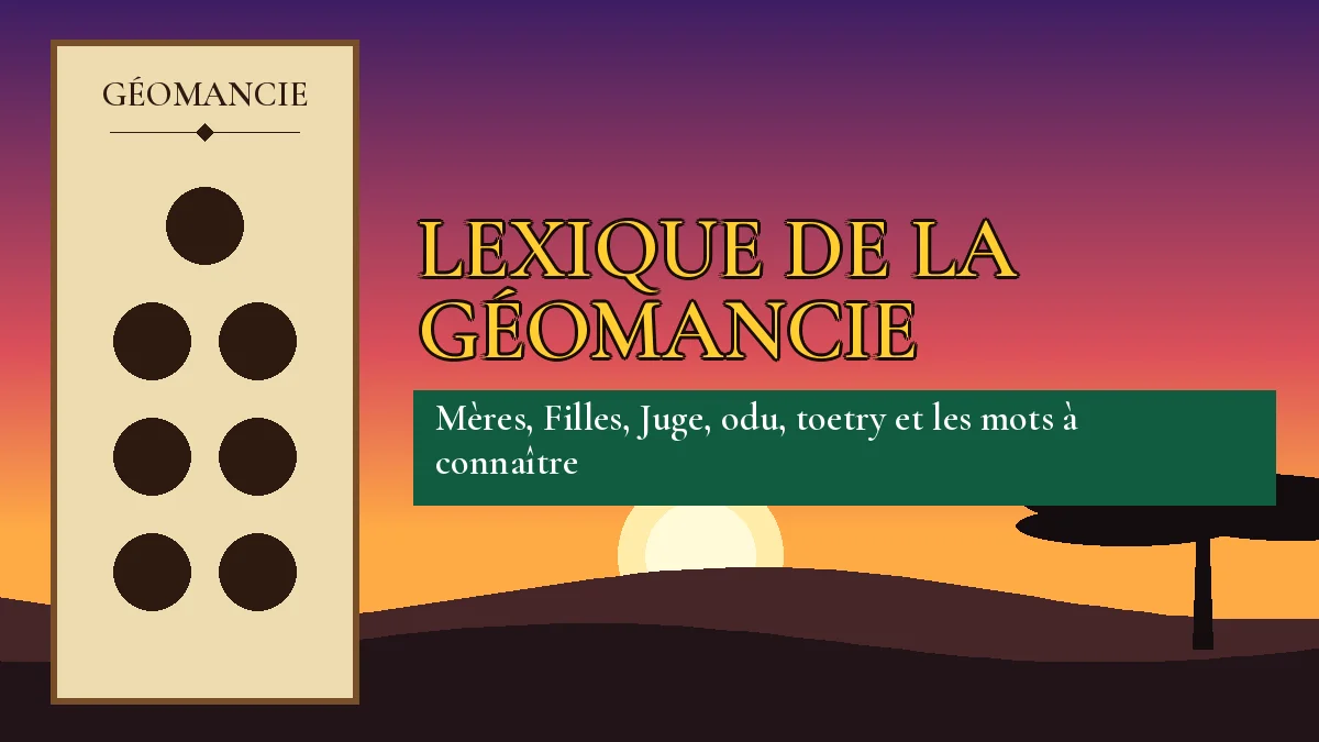 Affiche de l'article Lexique de la géomancie, figure de géomancie sur parchemin et coucher de soleil africain