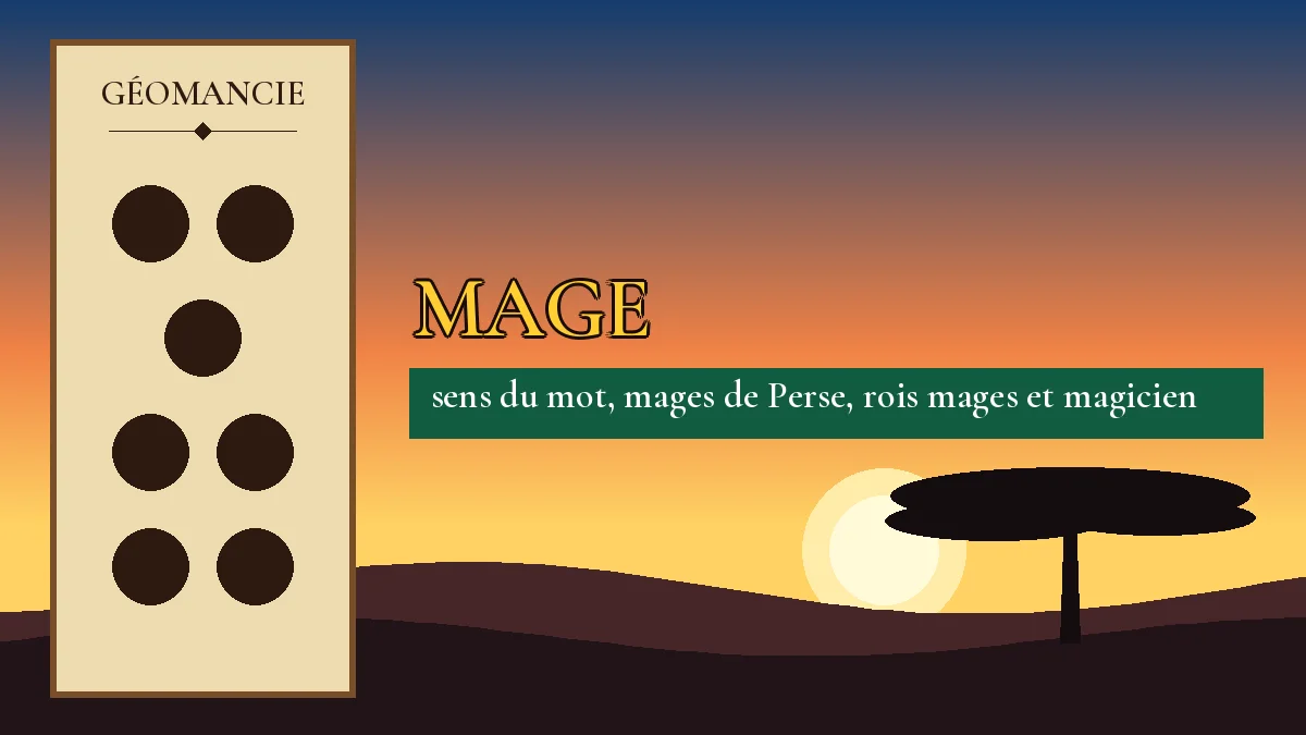 Affiche de l'article Mage, figure de géomancie sur parchemin et coucher de soleil africain