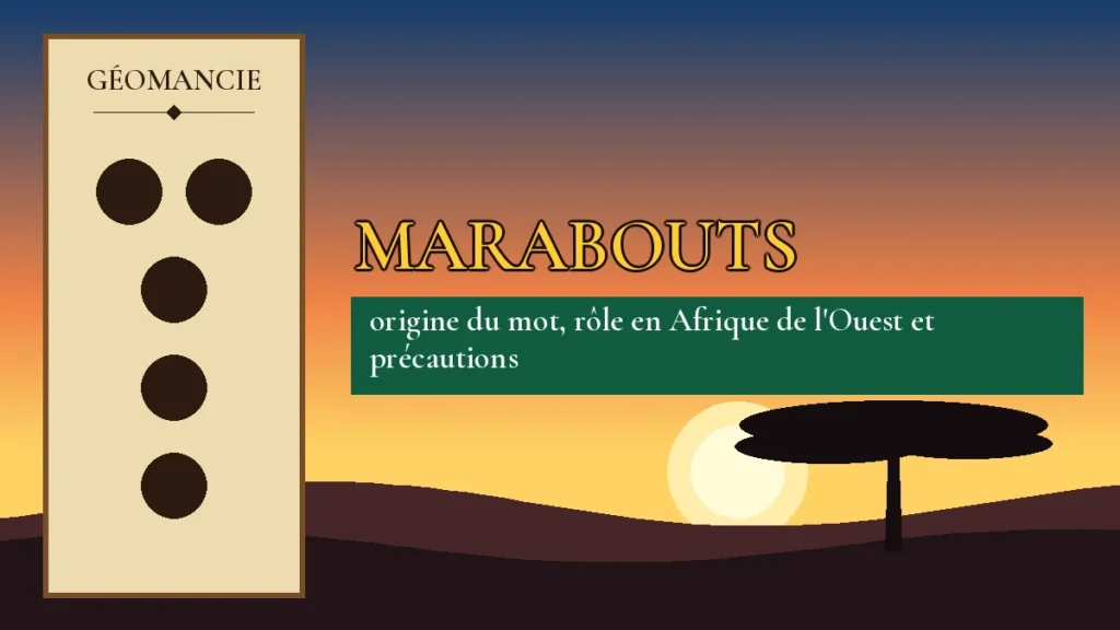 Affiche de l'article Marabouts, figure de géomancie sur parchemin et coucher de soleil africain