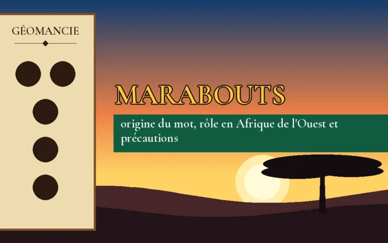 Affiche de l'article Marabouts, figure de géomancie sur parchemin et coucher de soleil africain