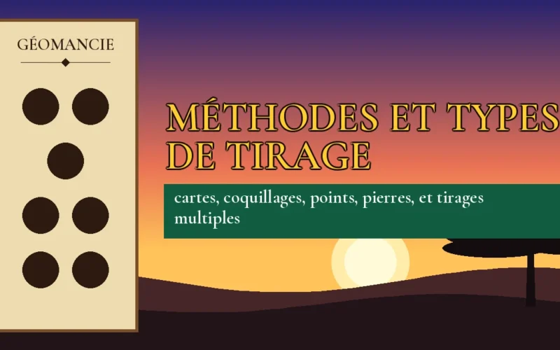 Affiche de l'article Méthodes et types de tirage, figure de géomancie sur parchemin et coucher de soleil africain