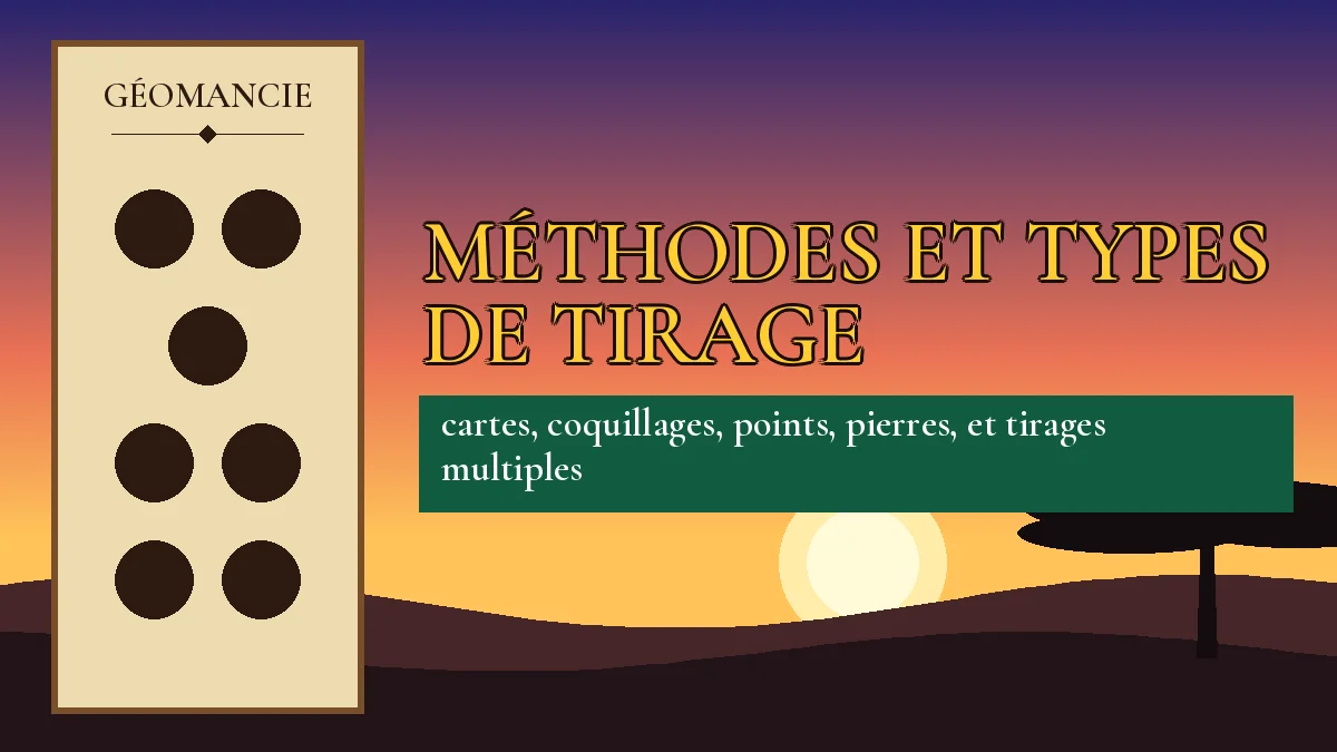 Affiche de l'article Méthodes et types de tirage, figure de géomancie sur parchemin et coucher de soleil africain
