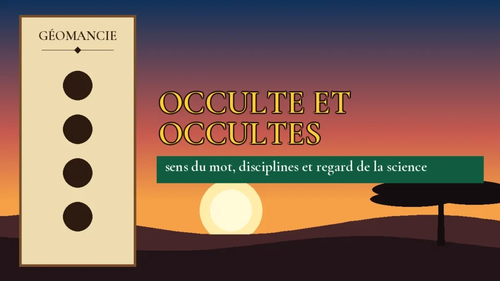 Affiche de l'article Occulte et occultes, figure de géomancie sur parchemin et coucher de soleil africain