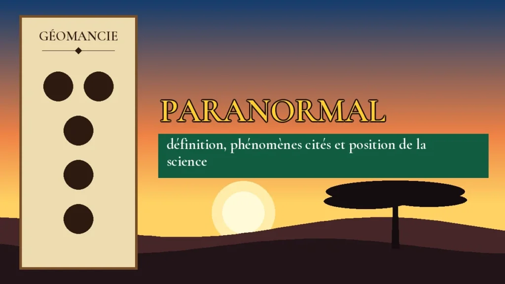 Affiche de l'article Paranormal, figure de géomancie sur parchemin et coucher de soleil africain
