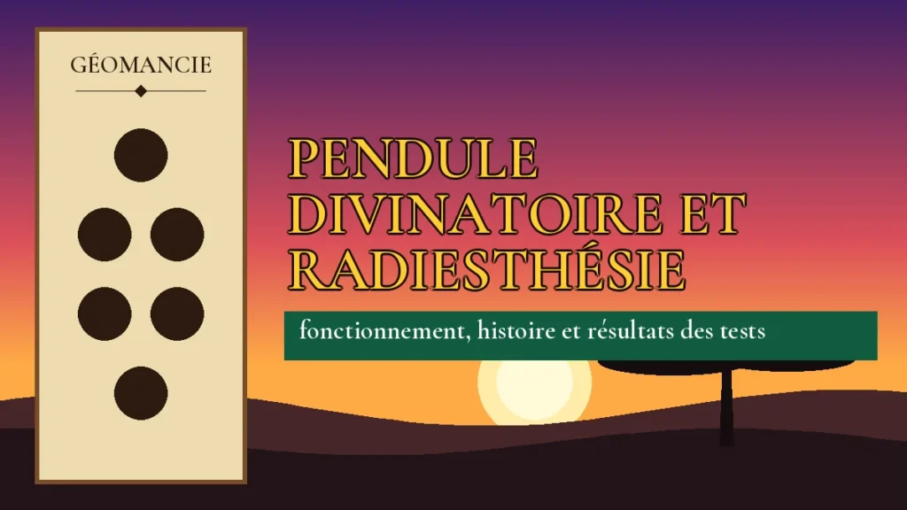Affiche de l'article Pendule divinatoire et radiesthésie, figure de géomancie sur parchemin et coucher de soleil africain